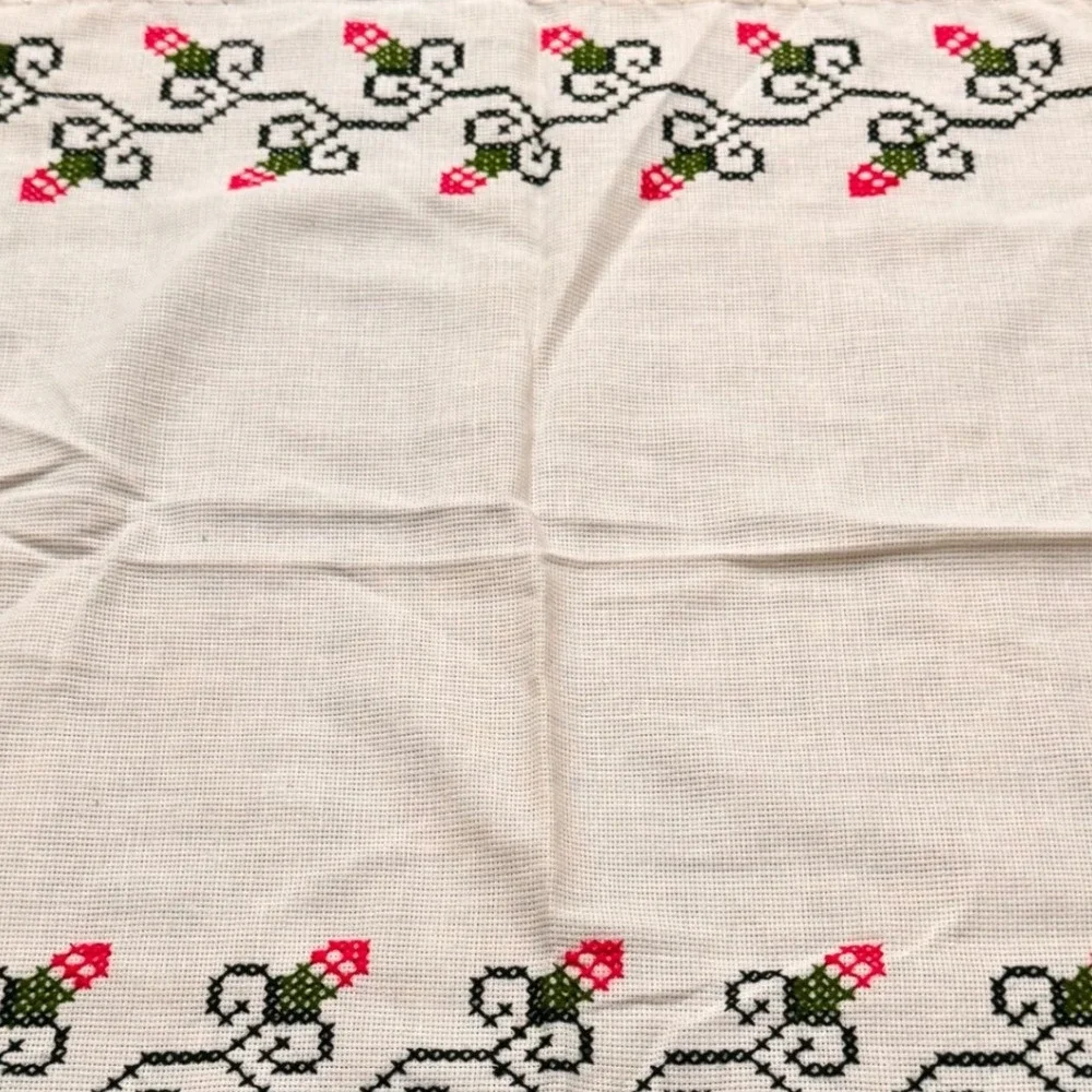 Vintage Cross Stitch Floral Table Runner Lace Trim Crochet Border Cream‎ 19x22